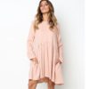 O Neck Loose Pleated Back Button Long Sleeve Mini Dress - Image 11