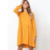 O Neck Loose Pleated Back Button Long Sleeve Mini Dress - Image 2