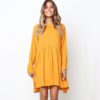 O Neck Loose Pleated Back Button Long Sleeve Mini Dress - Image 3