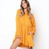 O Neck Loose Pleated Back Button Long Sleeve Mini Dress