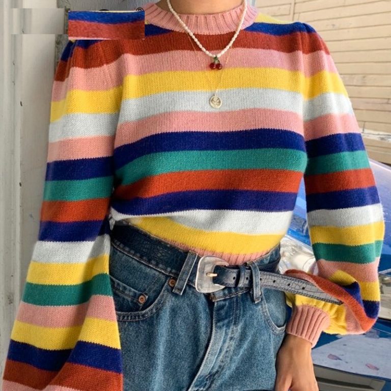 Rainbow Striped Pullover Sweater - Image 2