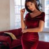 Sexy Slash Neck Off Shoulder Elegant Velvet Bodycon Dress - Image 4