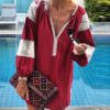 Sexy V-neck Patchwork Lantern Long Sleeve Loose Mini Dress