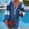 Sexy V-neck Patchwork Lantern Long Sleeve Loose Mini Dress - Image 2