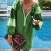 Sexy V-neck Patchwork Lantern Long Sleeve Loose Mini Dress - Image 3