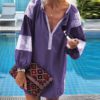 Sexy V-neck Patchwork Lantern Long Sleeve Loose Mini Dress - Image 4