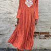 Solid Color Embroidery Short Sleeve V-neck Casual Maxi Dress - Image 3