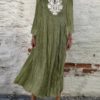 Solid Color Embroidery Short Sleeve V-neck Casual Maxi Dress - Image 2