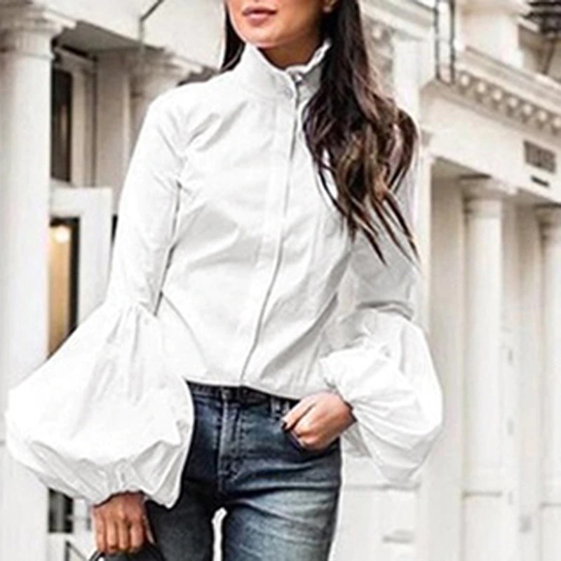 Stand Collar Lantern Long Sleeve Elegant Fashion Tops