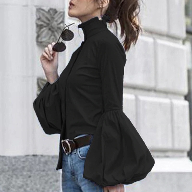 Stand Collar Lantern Long Sleeve Elegant Fashion Tops - Image 3
