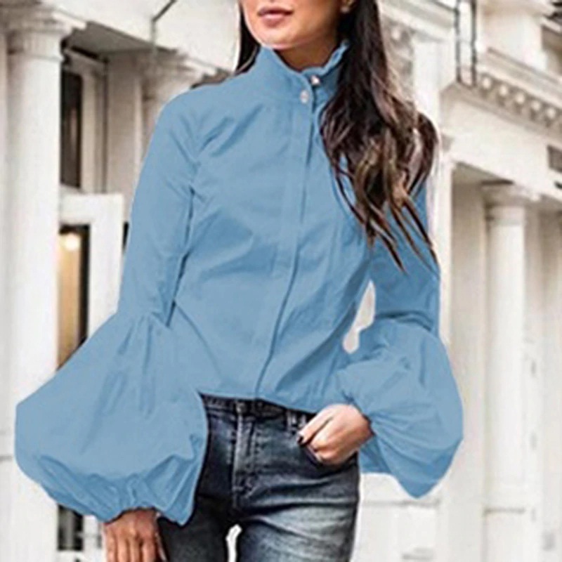 Stand Collar Lantern Long Sleeve Elegant Fashion Tops - Image 4