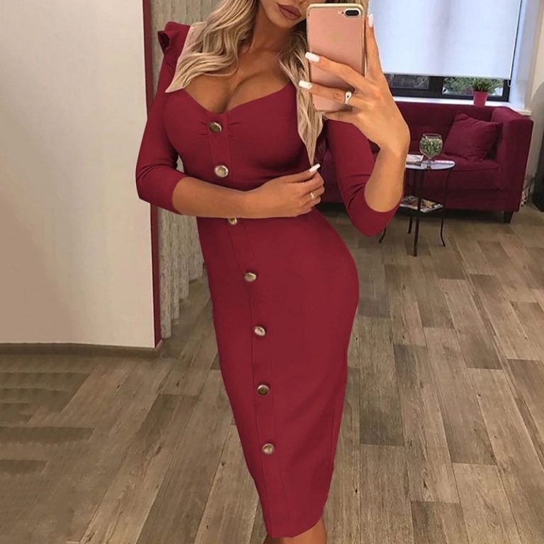 V Neck  Fashion Ruffled Long Sleeve Elegant Party Dress - Image 2