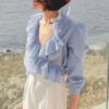 V Neck Stripe Ruffle Long Sleeves Shirt Tops