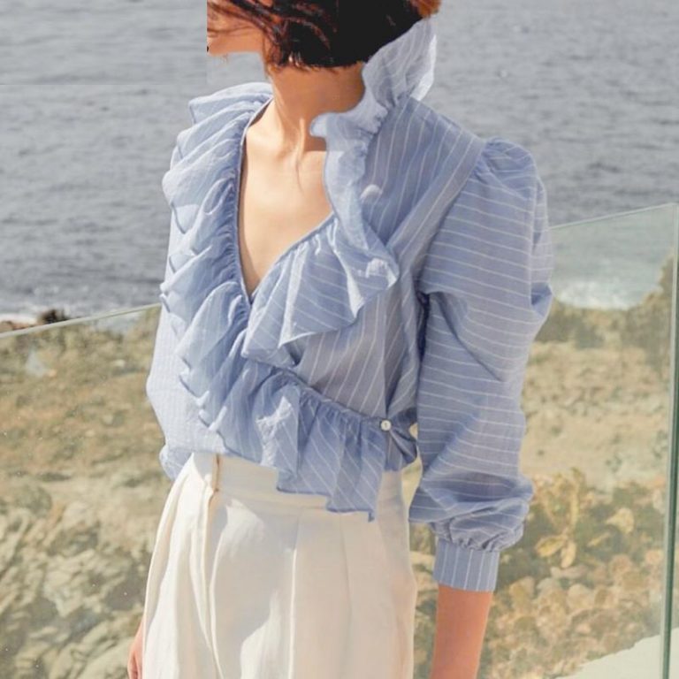 V Neck Stripe Ruffle Long Sleeves Shirt Tops
