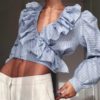 V Neck Stripe Ruffle Long Sleeves Shirt Tops - Image 2