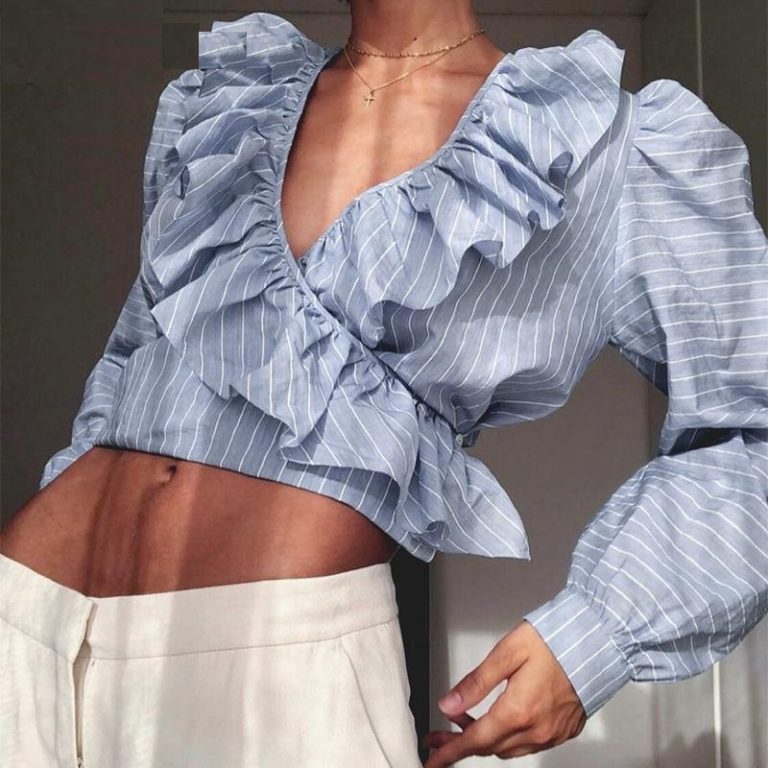 V Neck Stripe Ruffle Long Sleeves Shirt Tops - Image 2