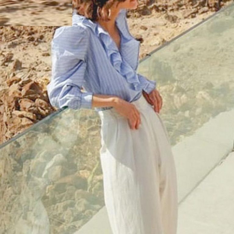 V Neck Stripe Ruffle Long Sleeves Shirt Tops - Image 3