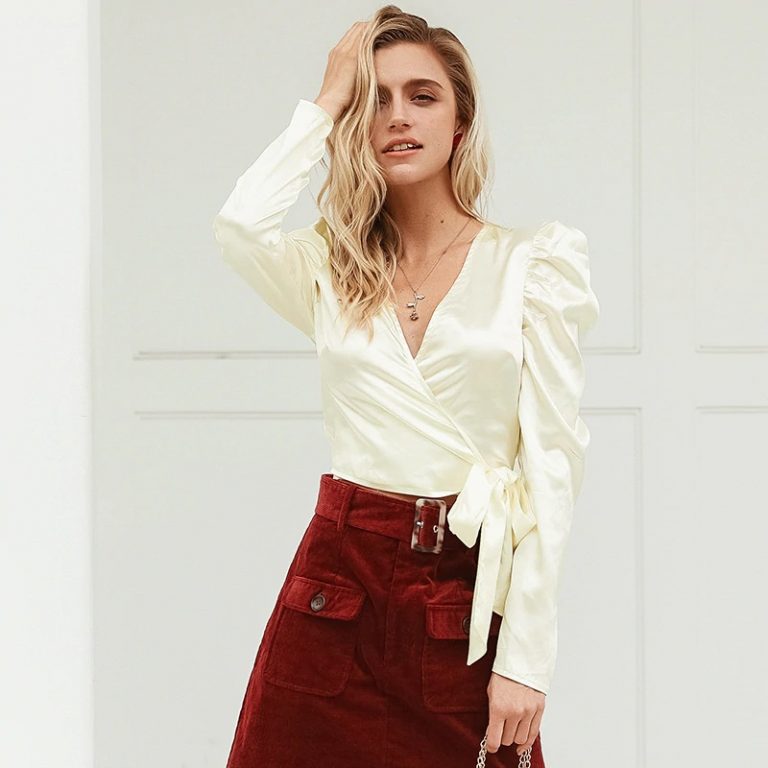 V-Neck Vintage Puff Sleeve Blusas Faminina Crop Top - Image 3
