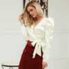 V-Neck Vintage Puff Sleeve Blusas Faminina Crop Top - Image 5