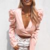 V-Neck Vintage Puff Sleeve Blusas Faminina Crop Top