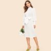 Bishop Sleeve Half Placket Belted Stand Collar Knee Length Dress - Image 3