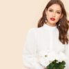 Bishop Sleeve Half Placket Belted Stand Collar Knee Length Dress - Image 4