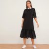 Drop Waist Turn-down Collar Casual Straight Solid Dress