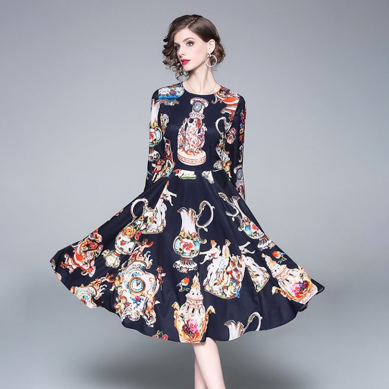 Elegant Office Work Printed Long Sleeve Party Dress