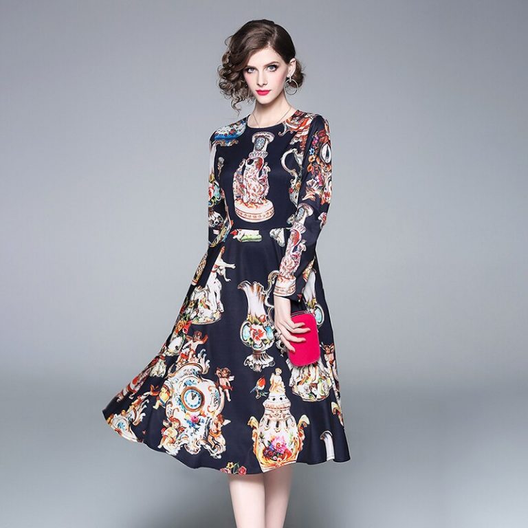 Elegant Office Work Printed Long Sleeve Party Dress - Image 2
