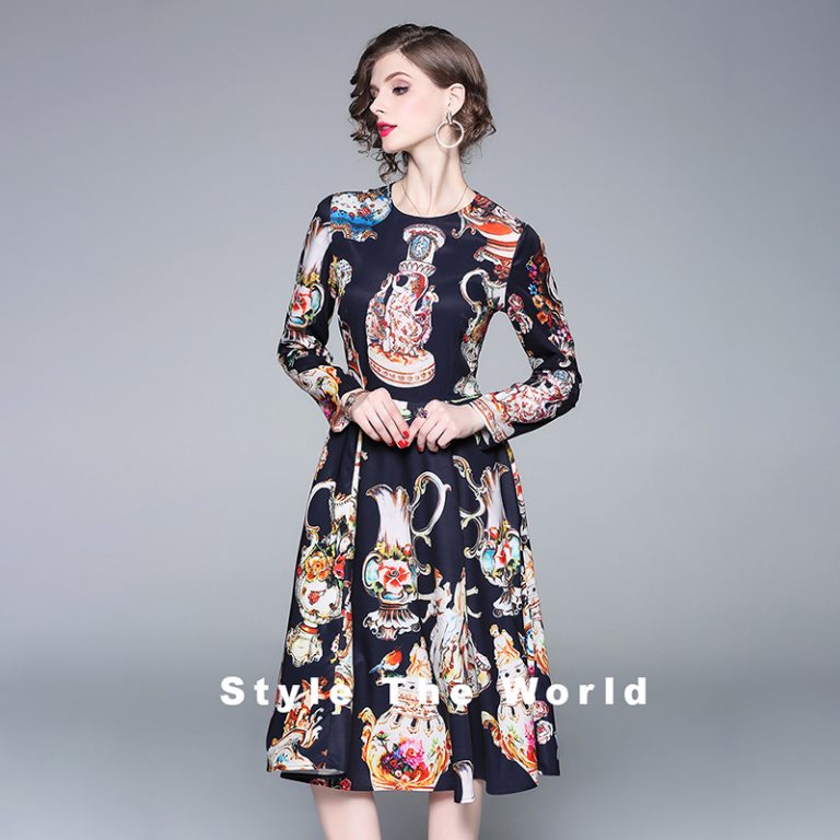 Elegant Office Work Printed Long Sleeve Party Dress - Image 3