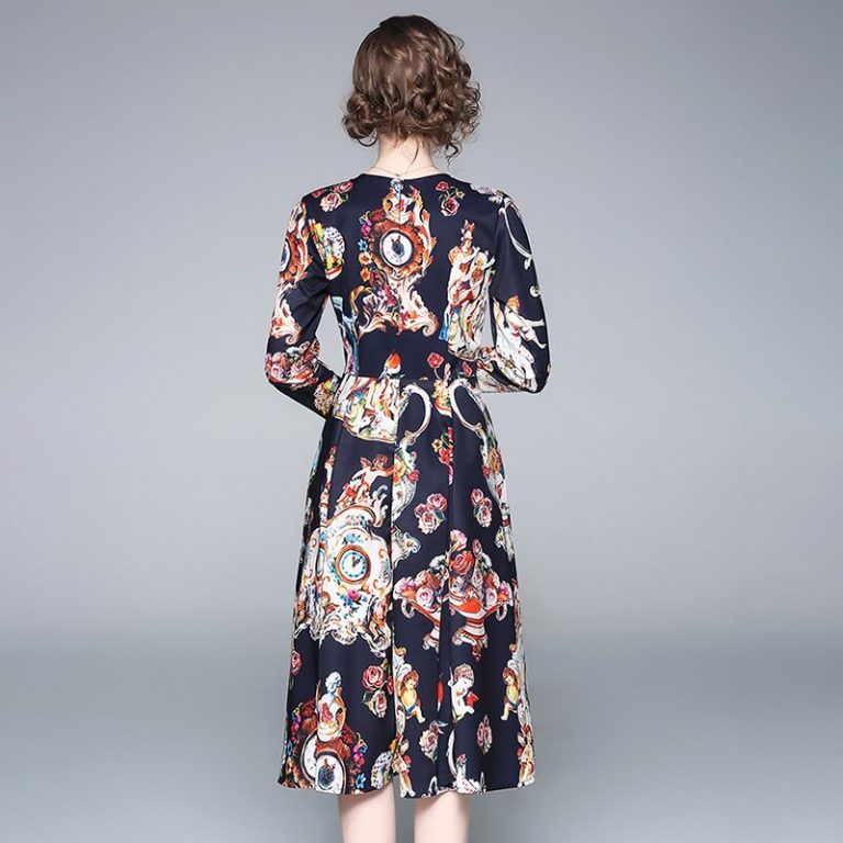 Elegant Office Work Printed Long Sleeve Party Dress - Image 4