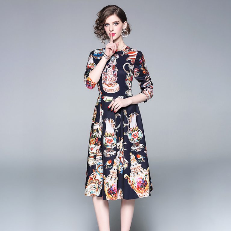Elegant Office Work Printed Long Sleeve Party Dress - Image 5