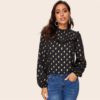Frill Trim Lantern Sleeve Gold Dot Print Blouse Top