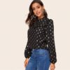 Frill Trim Lantern Sleeve Gold Dot Print Blouse Top - Image 2