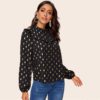 Frill Trim Lantern Sleeve Gold Dot Print Blouse Top - Image 3