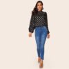 Frill Trim Lantern Sleeve Gold Dot Print Blouse Top - Image 5