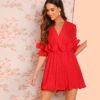 Half Sleeve High Waist Plunging Neck Sexy Mini Dress - Image 3
