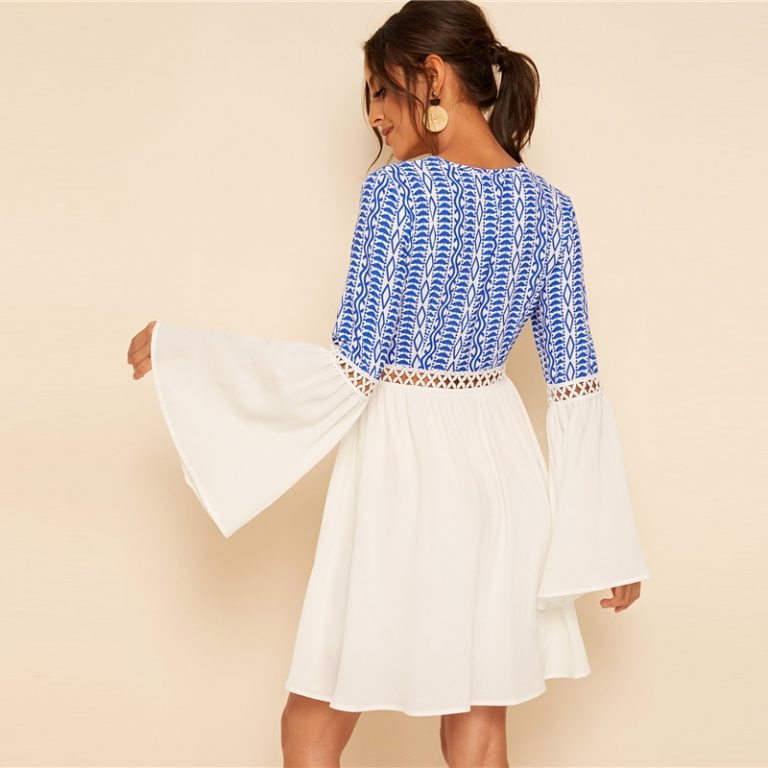 Holiday Flounce Sleeve V Neck Contrast Lace Dresses - Image 2