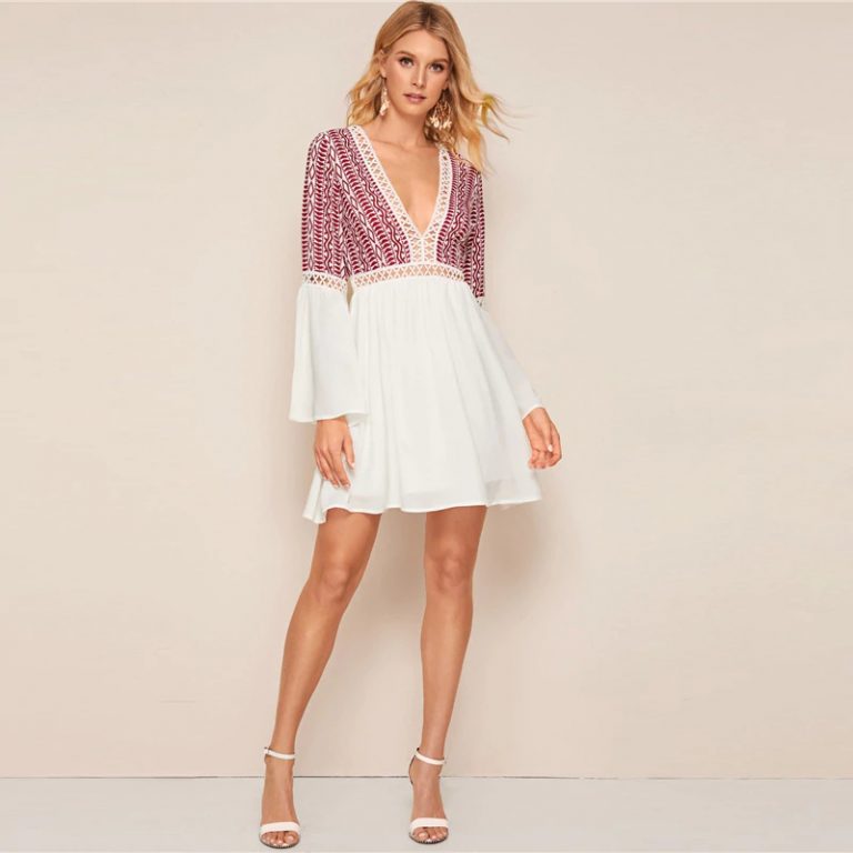 Holiday Flounce Sleeve V Neck Contrast Lace Dresses - Image 5