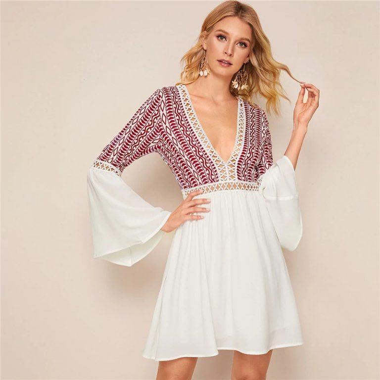 Holiday Flounce Sleeve V Neck Contrast Lace Dresses - Image 6