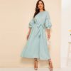 Keyhole Back Lace Appliques Belted Hijab Maxi Dress