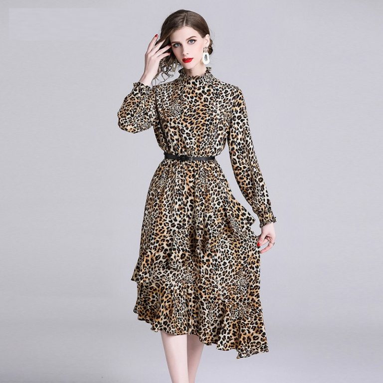 Leopard Print  Ruffles Elegant Evening Party Dress