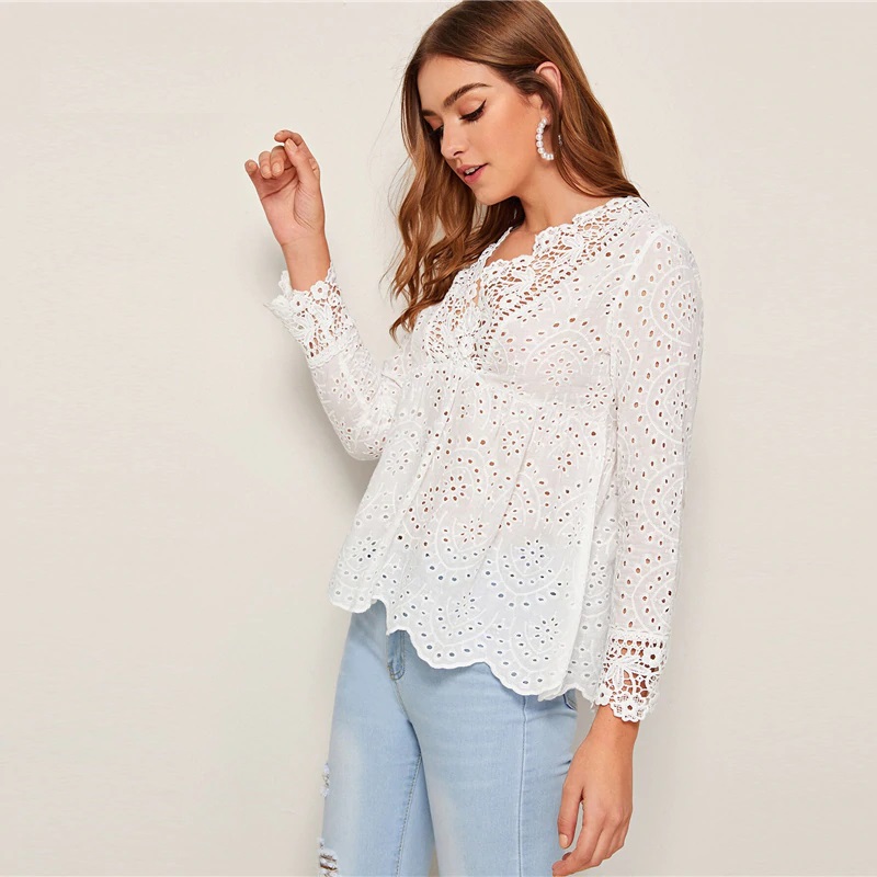 V Neck Solid Eyelet Embroidery Peplum Blouse - Image 3