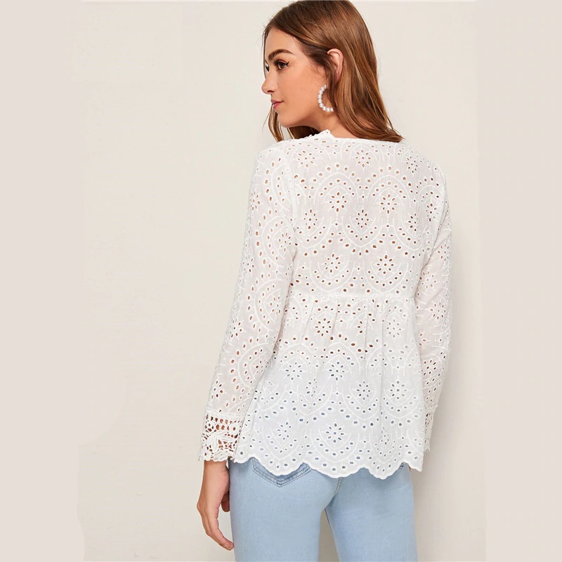V Neck Solid Eyelet Embroidery Peplum Blouse - Image 4