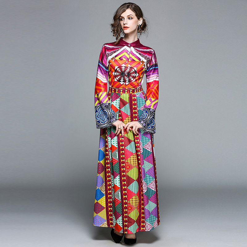 New Vintage Geometric Chiffon Long Maxi Dress - Image 2