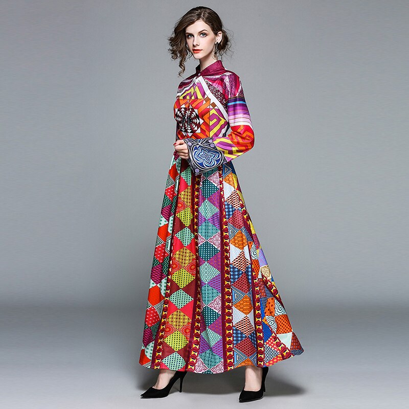 New Vintage Geometric Chiffon Long Maxi Dress - Image 3