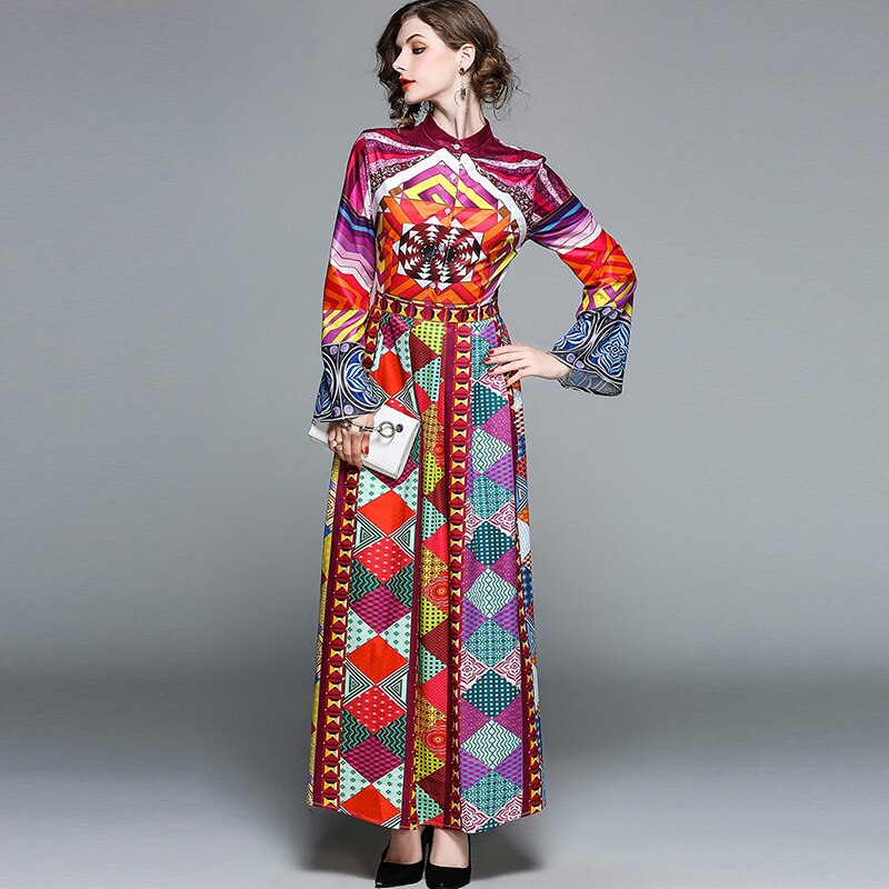 New Vintage Geometric Chiffon Long Maxi Dress