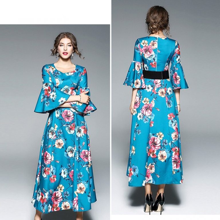 Vintage Floral Print Butterfly Sleeve Long Dress - Image 2