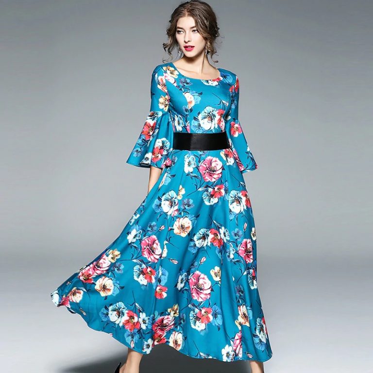 Vintage Floral Print Butterfly Sleeve Long Dress - Image 3