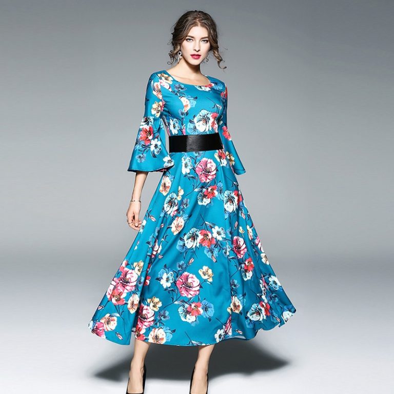 Vintage Floral Print Butterfly Sleeve Long Dress - Image 4